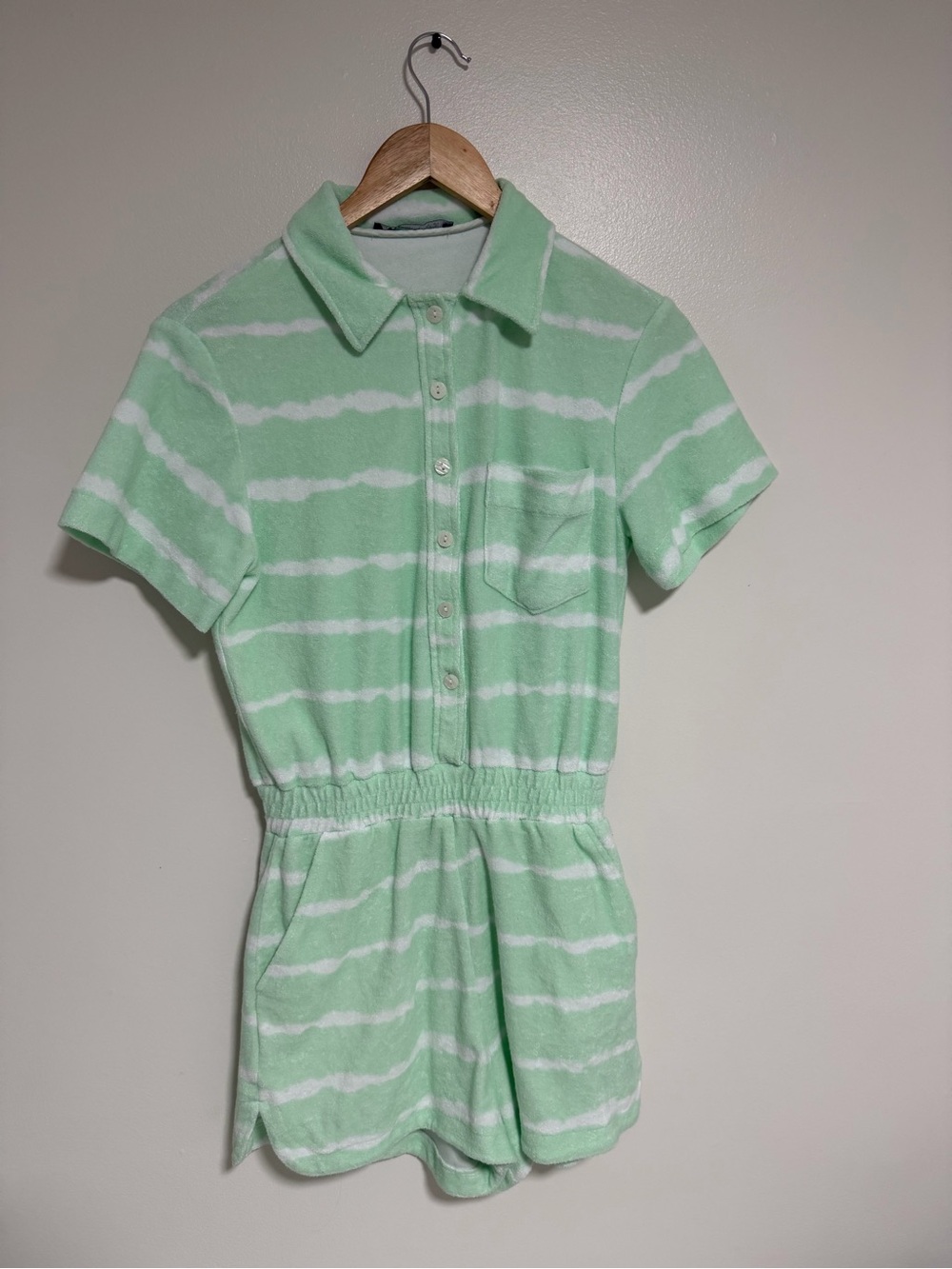 Zara Terry Cloth Striped Romper Mint Green Womens XS Summer Beachwear